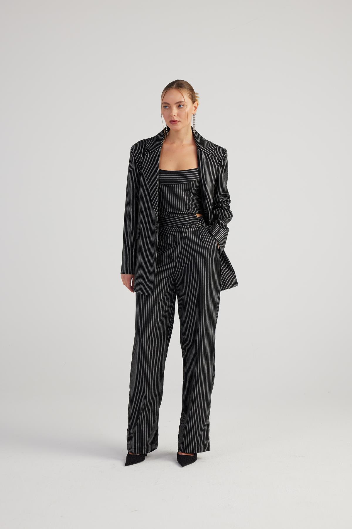 Oversize Kesim Simli Çizgili Eden Blazer Ceket Siyah