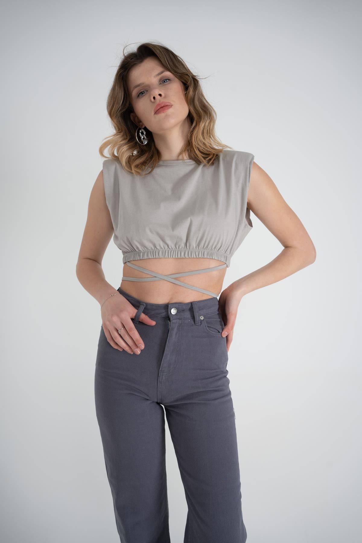 Bel Bağlamalı Crop Candy Tshirt Gri