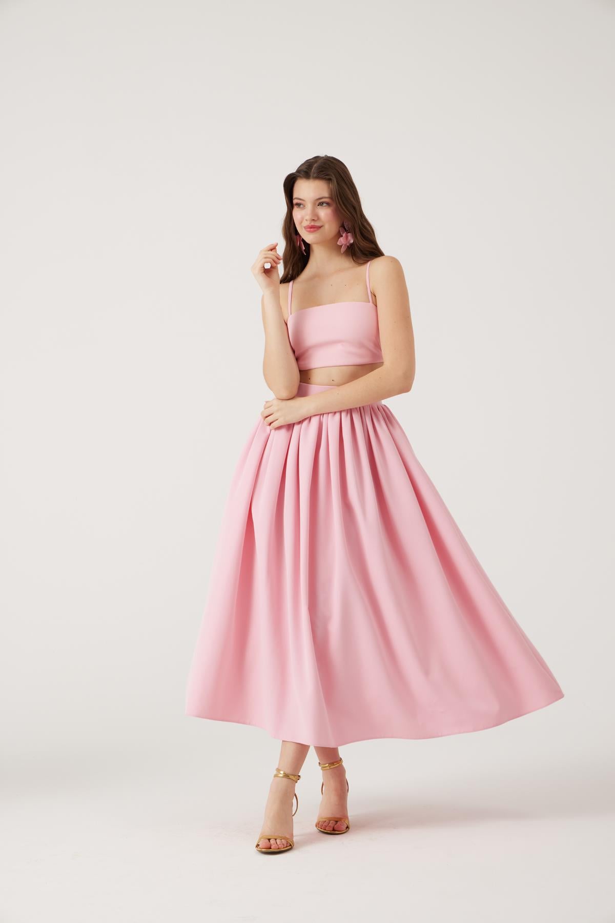 Cepli Uzun Etek ve Crop İkili Isabella Takım Pembe