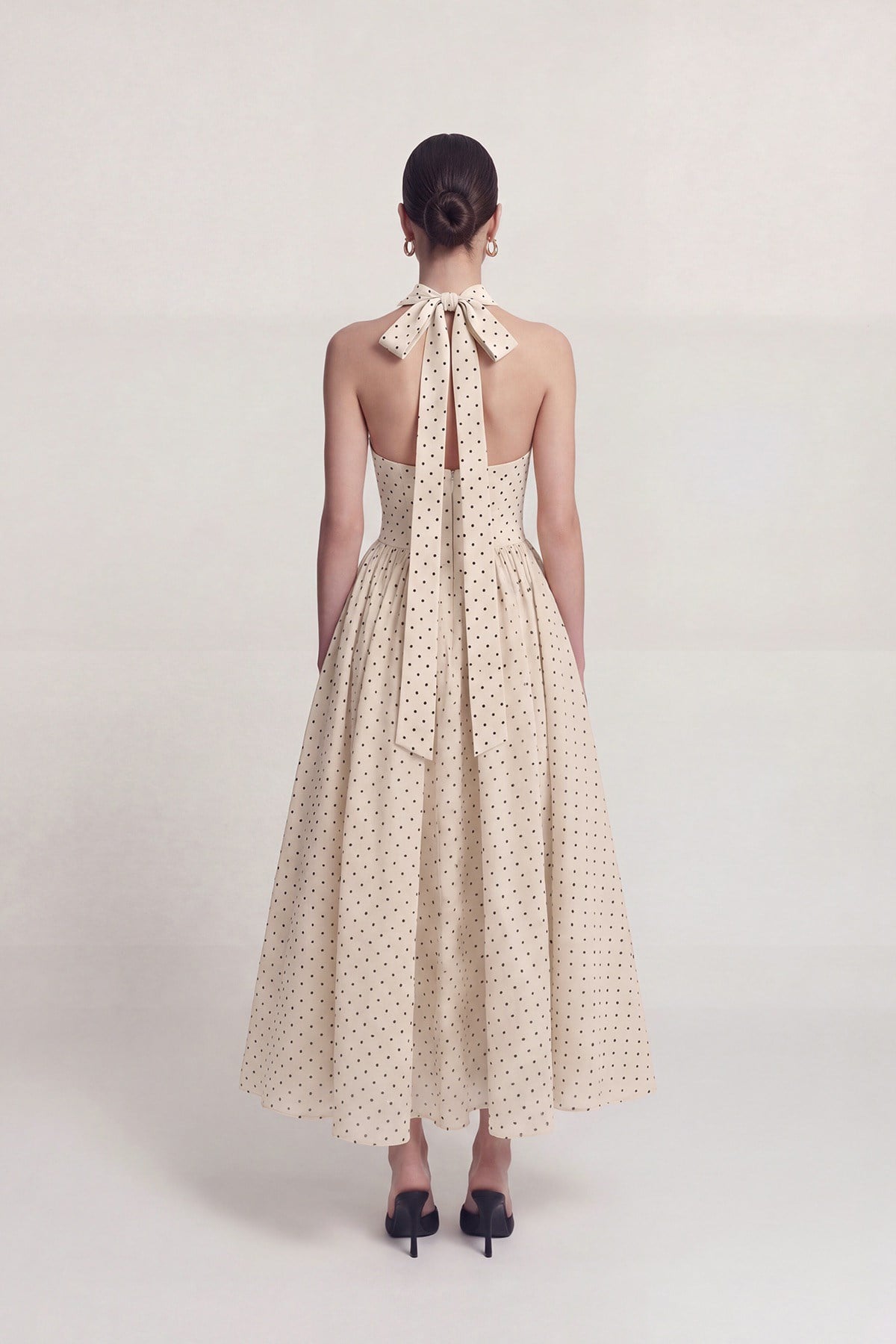 Puantiye Desenli Boyundan Bağlamalı Cepli Zayla Elbise Krem