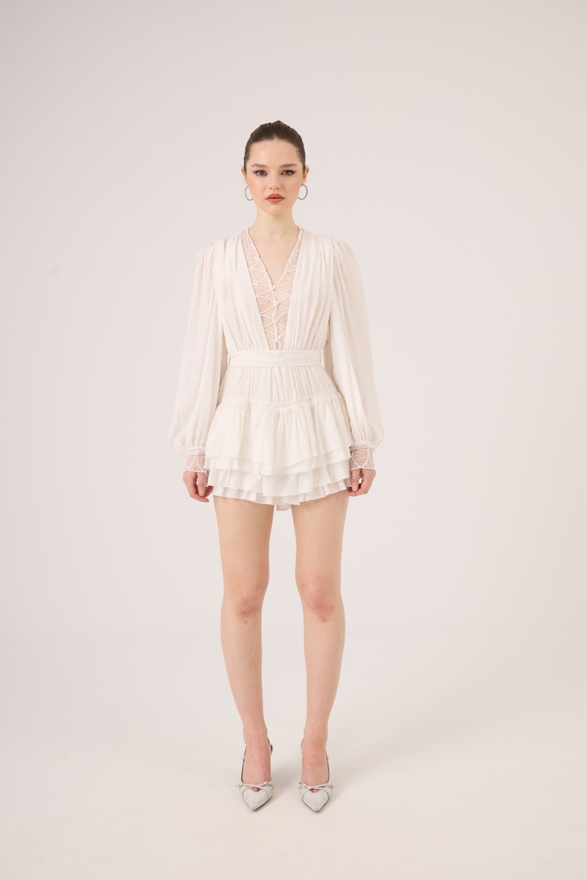 Dantel Detaylı Fırfırlı Olanna Elbise Beyaz