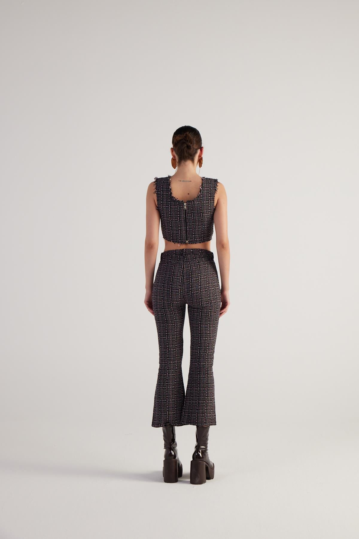 Tüvit Kumaş Crop Tweed Büstiyer Siyah