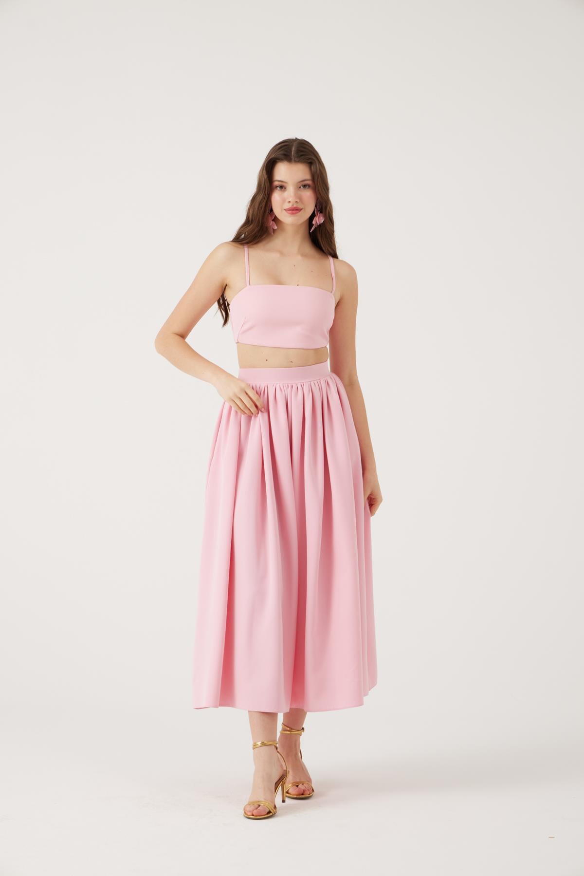 Cepli Uzun Etek ve Crop İkili Isabella Takım Pembe