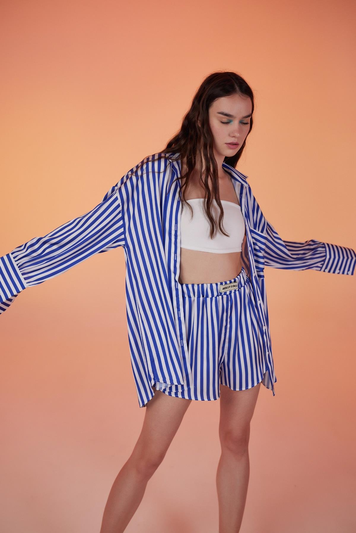 Yumuşak Dokulu Çizgili Saten Mini Mellow Şort Lacivert