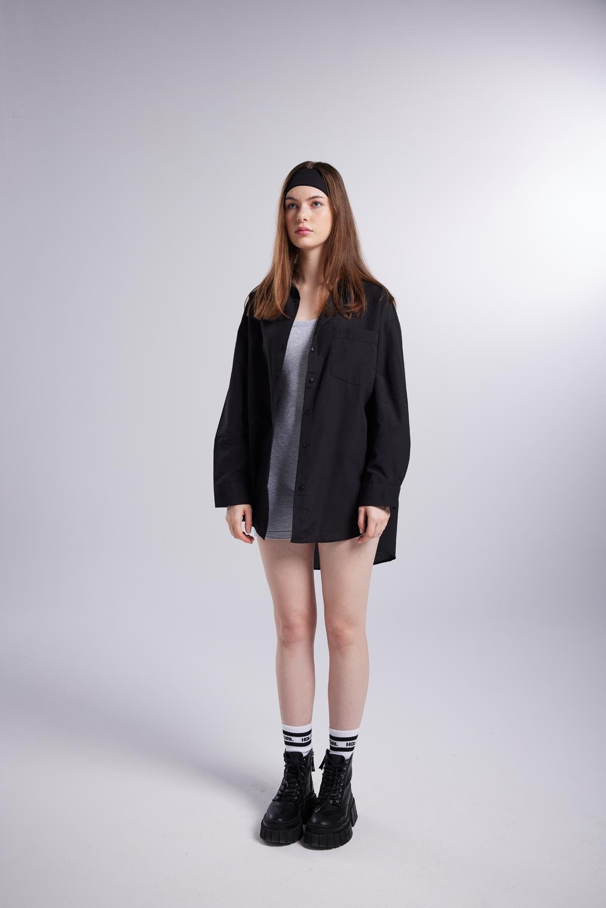 Cepli Oversize Kesim Lovesize Gömlek Siyah