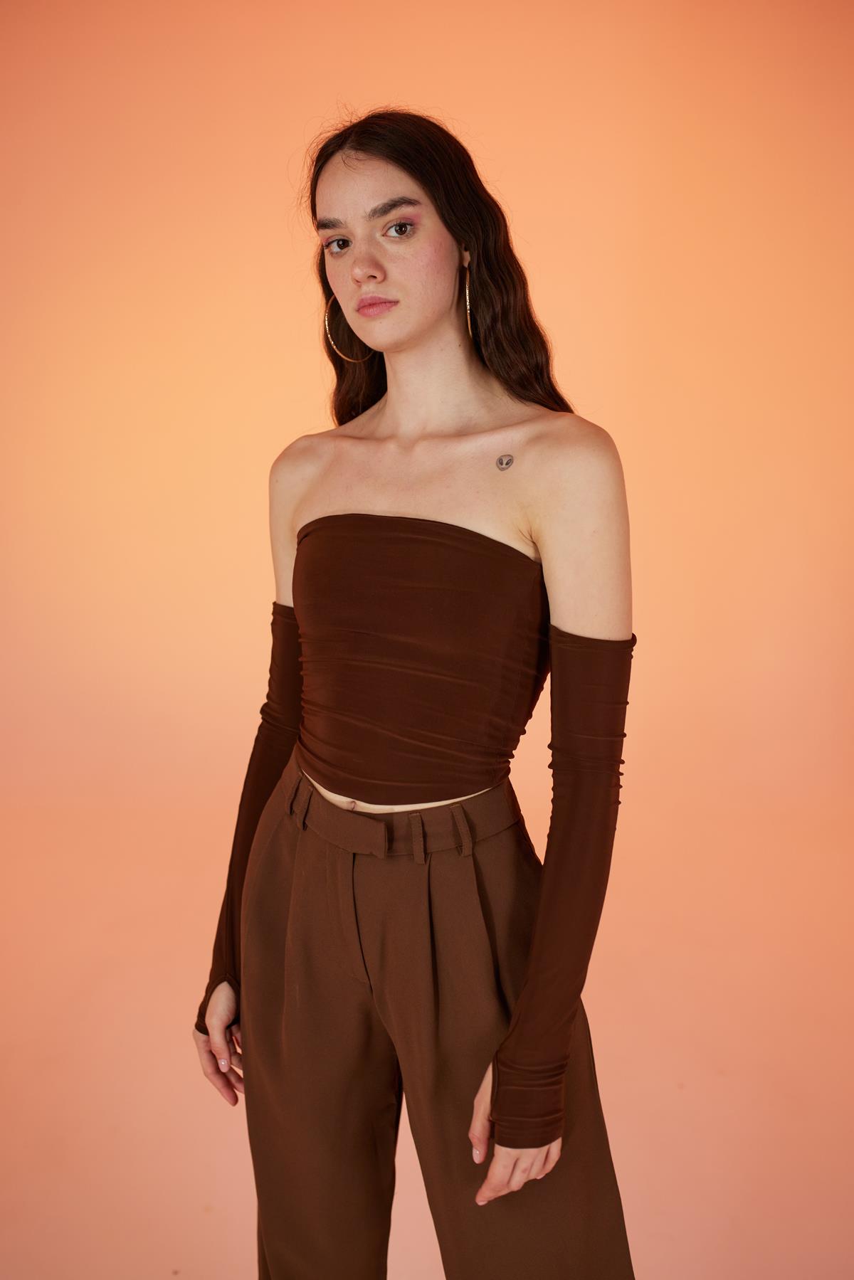 Kolları Ayrı Straplez Smooth Bluz Kahverengi