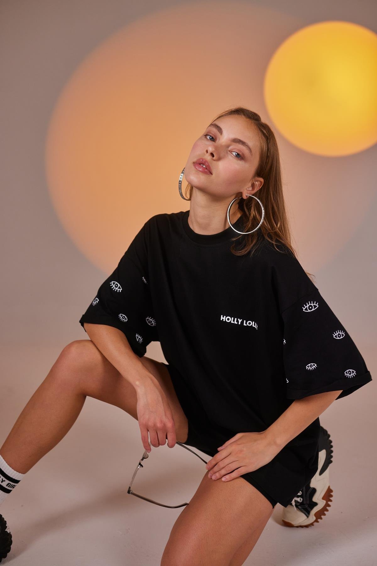 Göz Baskılı Oversize Eye Tshirt Bike Tayt Takım Siyah