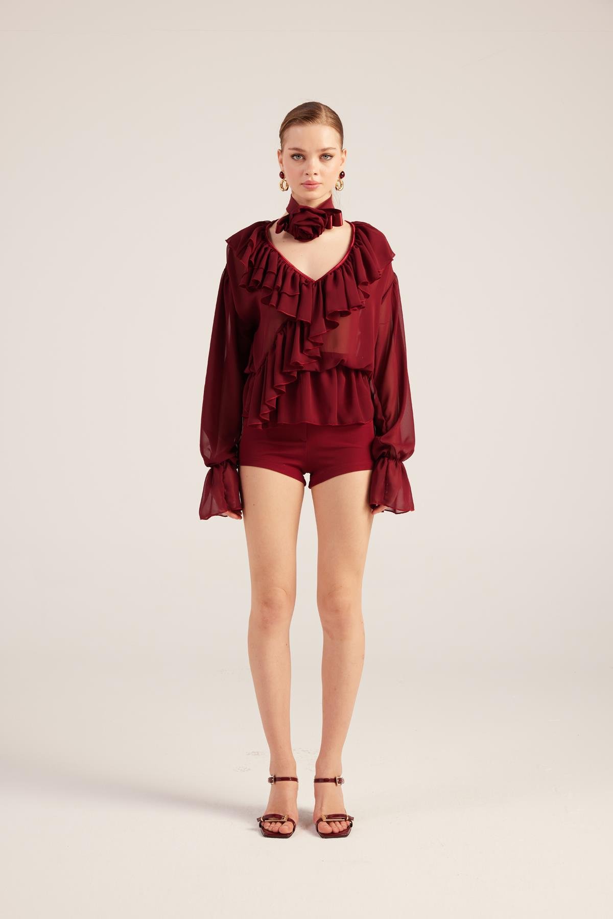 Fırfırlı Güllü Choker Aksesuarlı Şifon Sassy Gömlek Bordo 
