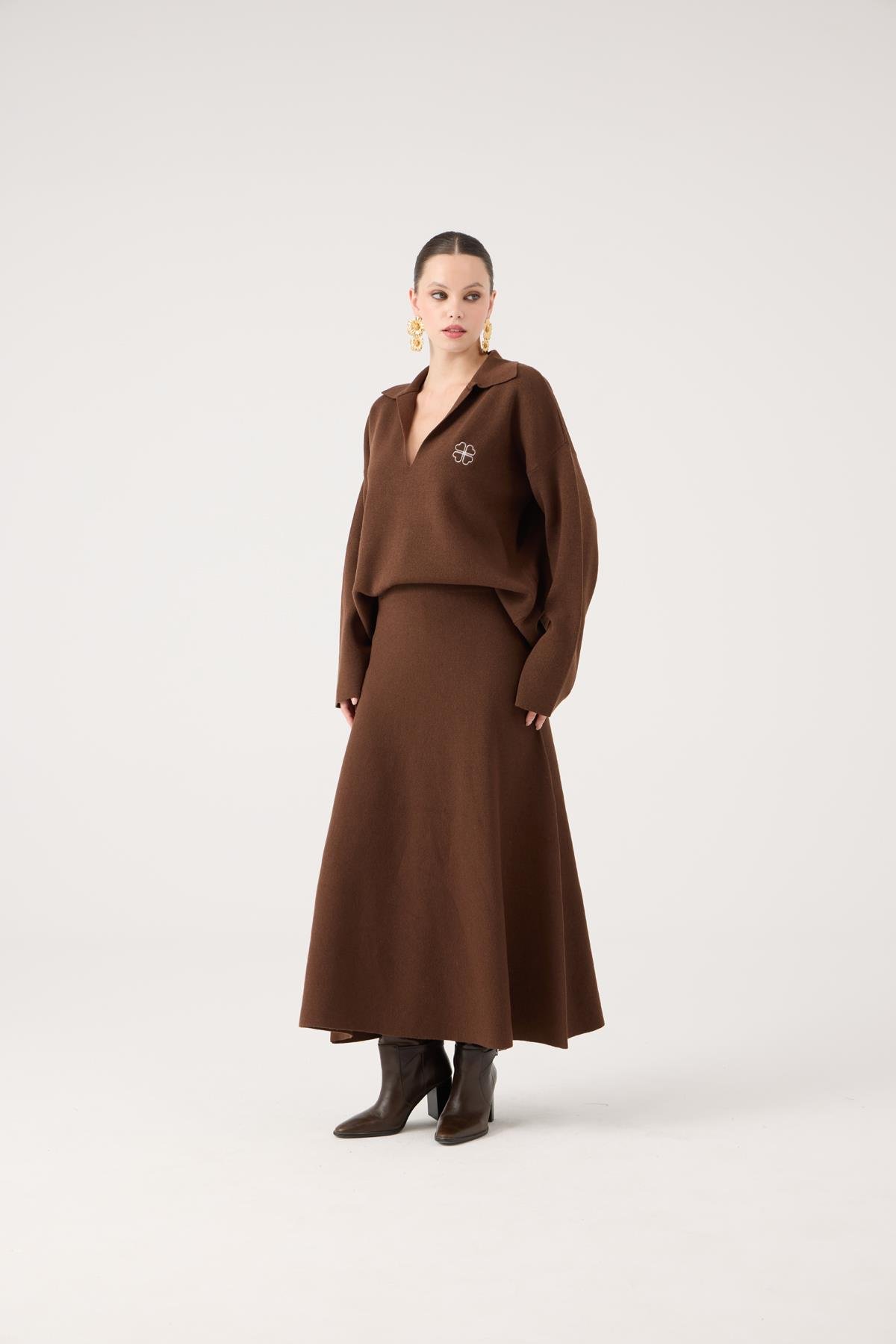 Beli Lastikli Uzun Zoi Triko Etek Kahve