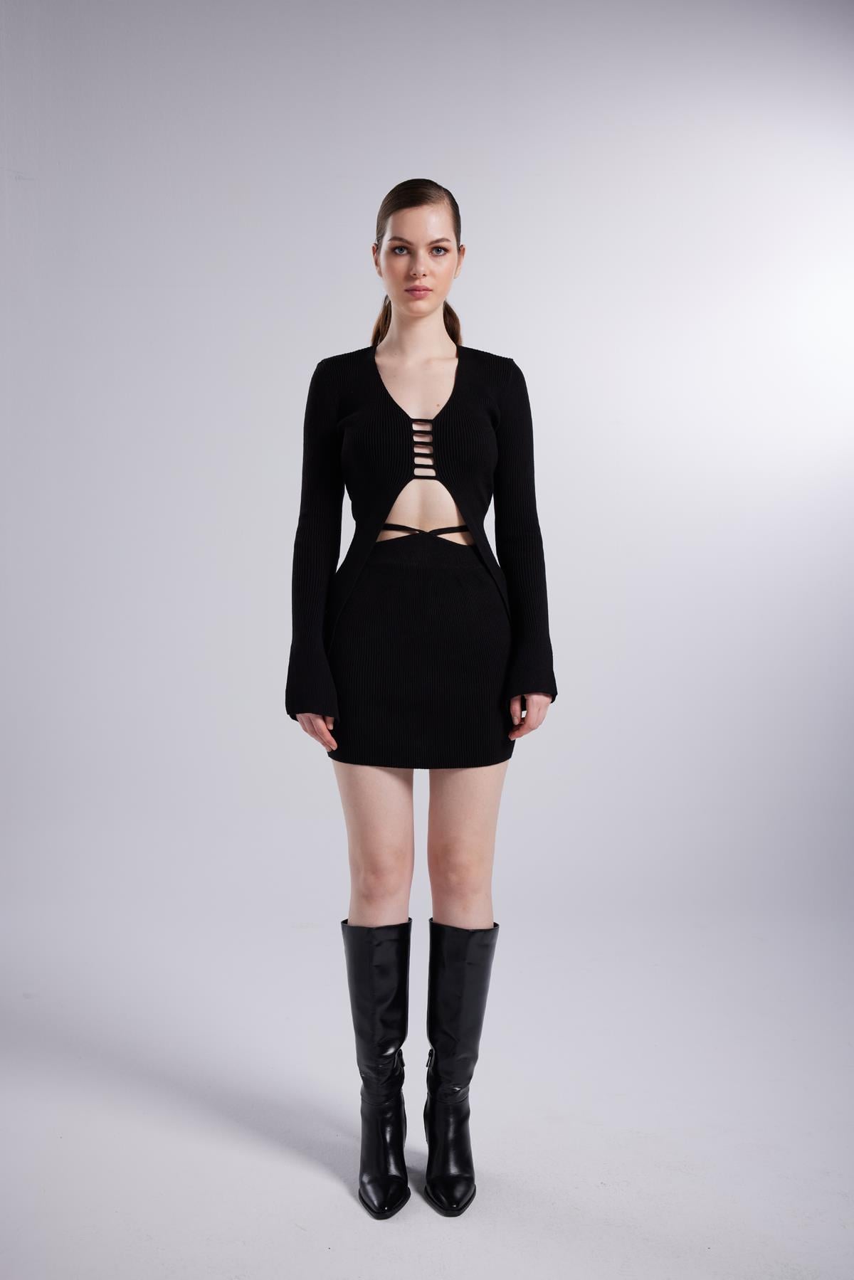 İspanyol Kollu İp Detaylı Fels Triko Hırka Siyah