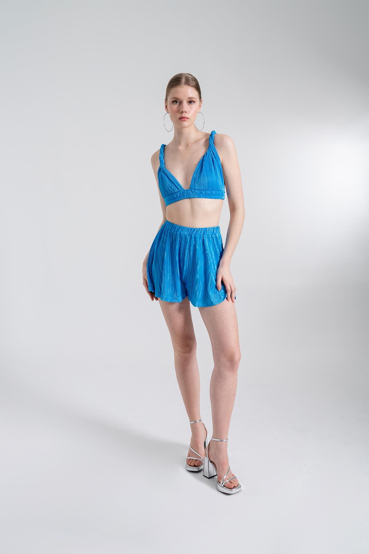 Beli Lastikli Mini Comfy Şort Mavi