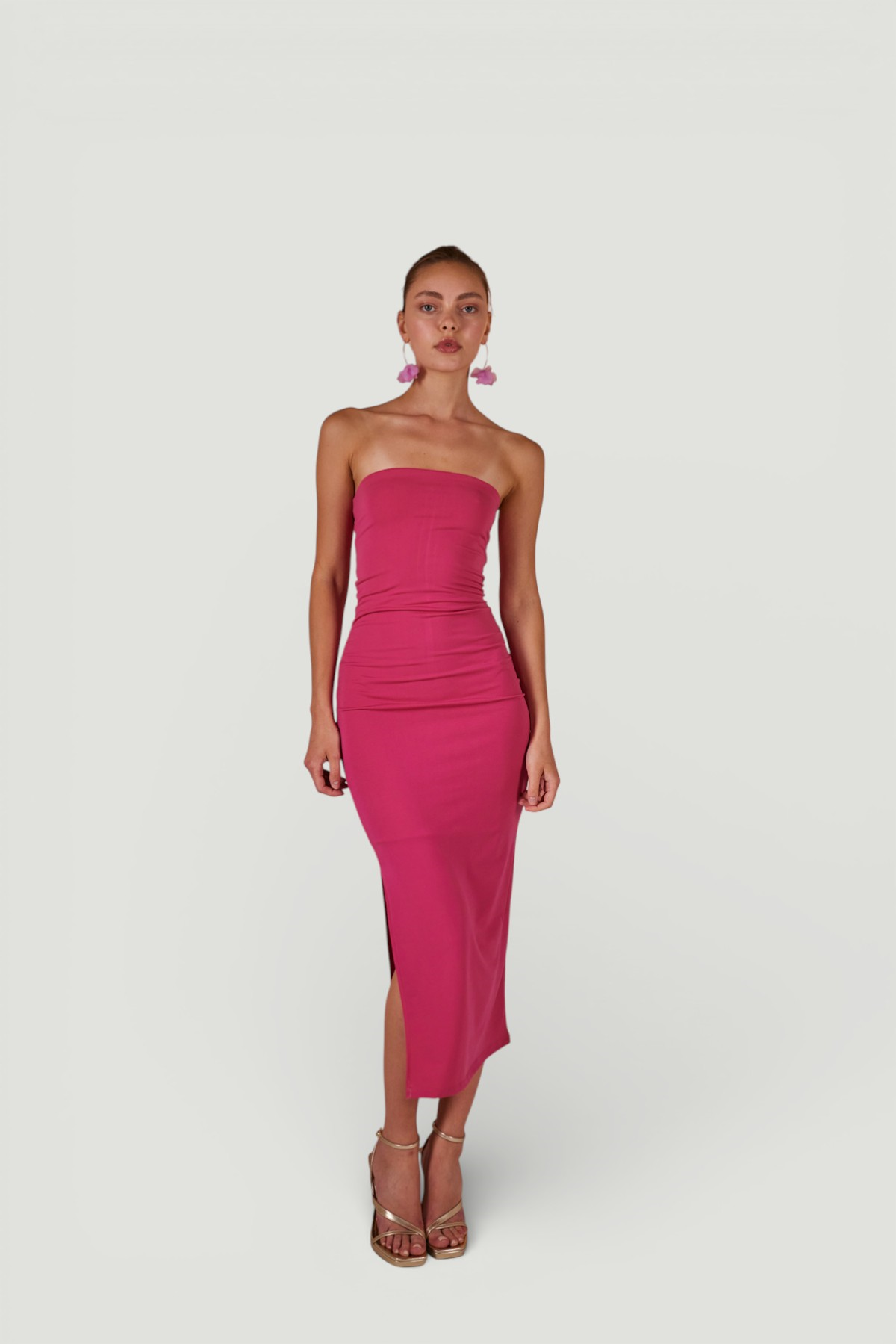 Yırtmaçlı Straplez Midi Bodycon Elbise Pembe