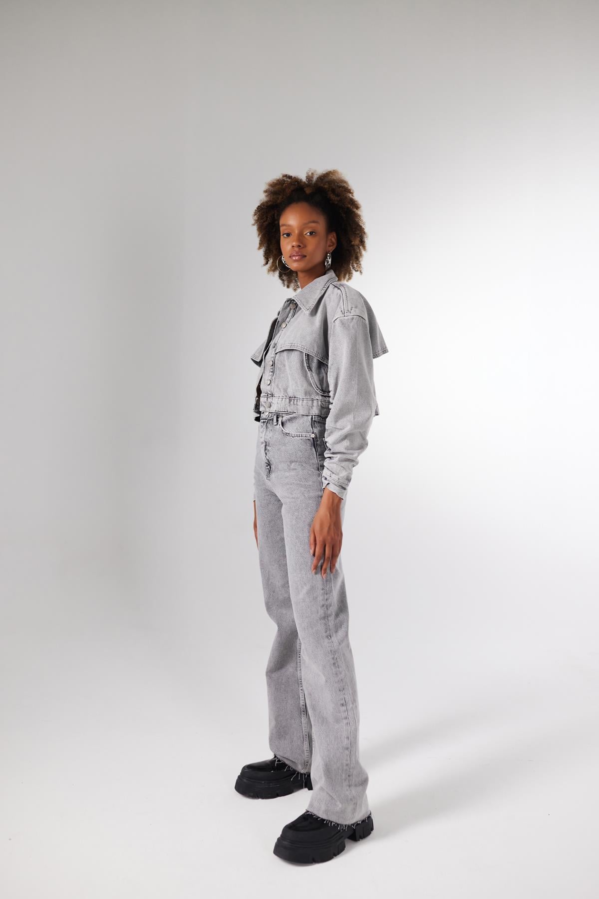 Yüksek Bel Kesik Paça Lorenzo Jean Pantolon Gri