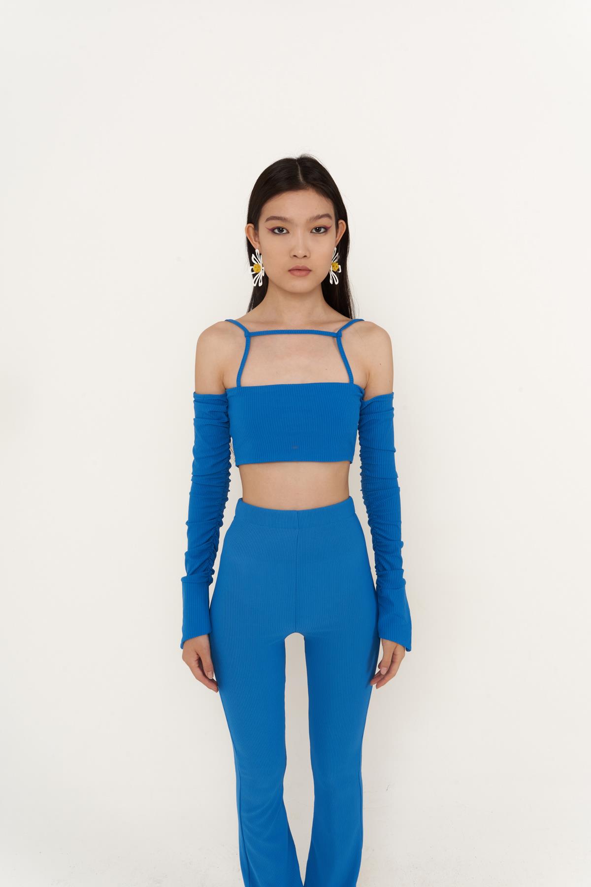 Crop Model Askılı Uzun Kol Molly Bluz Mavi