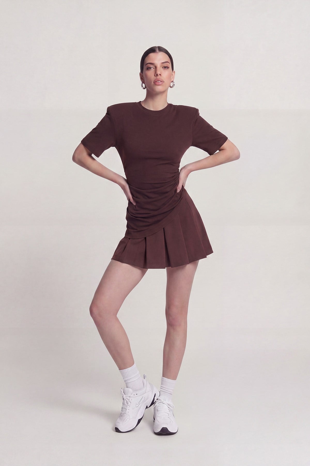 Demie T-Shirt with Gathered Detail and Padded Shoulders, Coffee