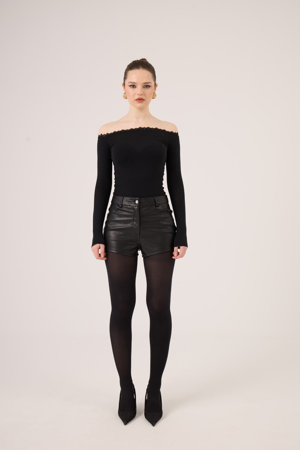 Madonna Neckline Lace Macy Cashmere Blouse Black