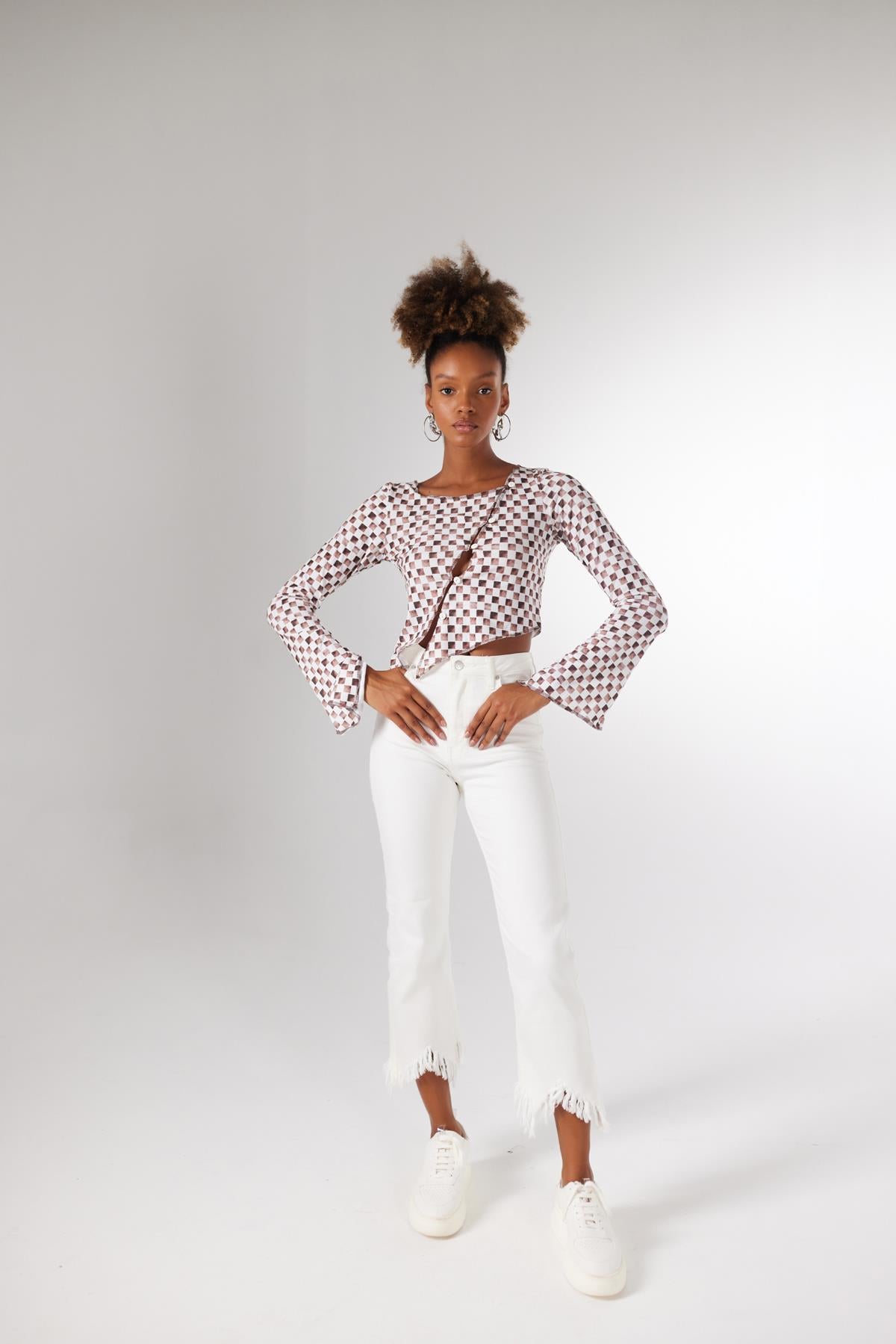 Kadın Kahverengi Damalı Düğme Kapamalı Pierre Bluz