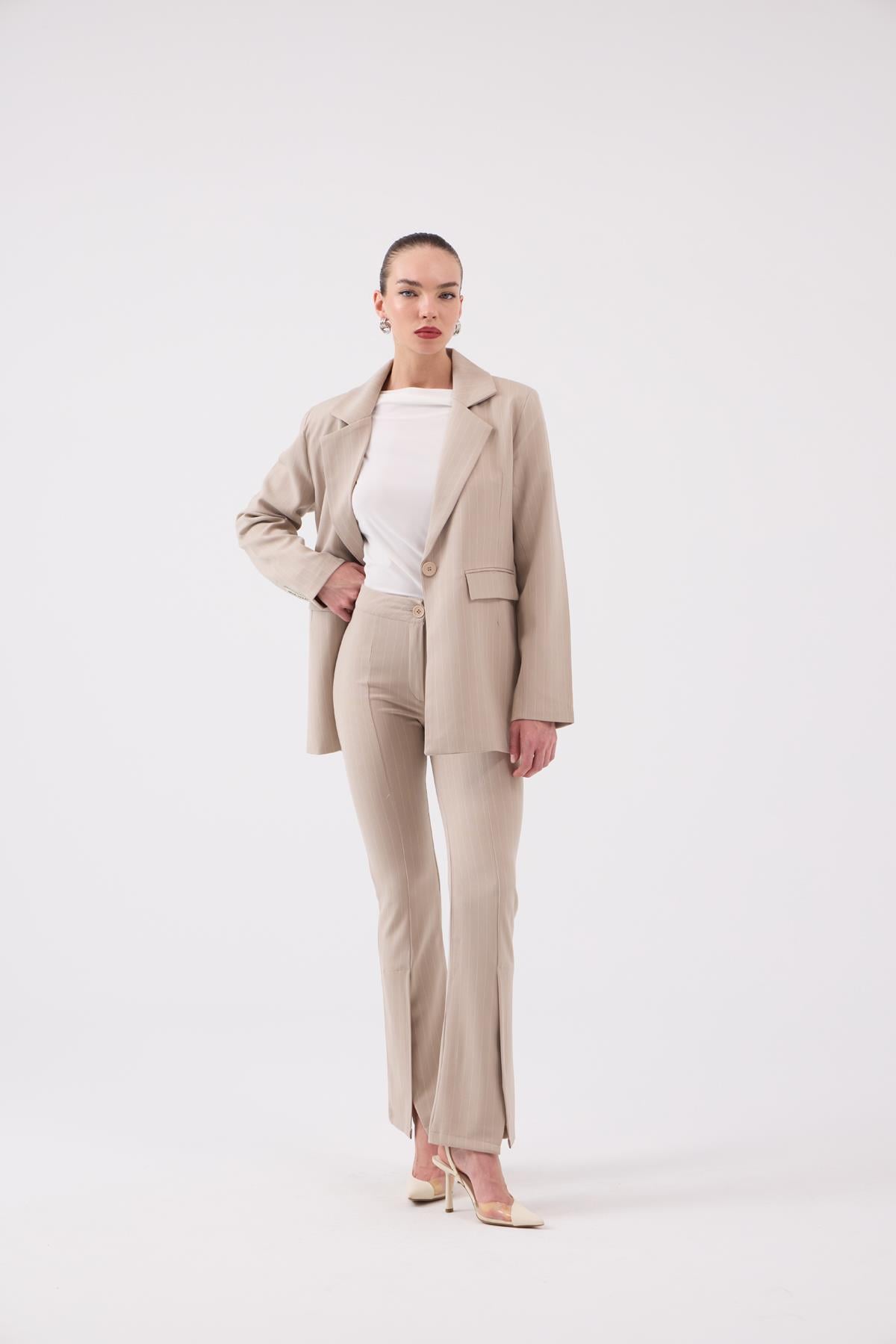 Vatkalı Astarlı Blazer Striped Blazer Ceket Bej