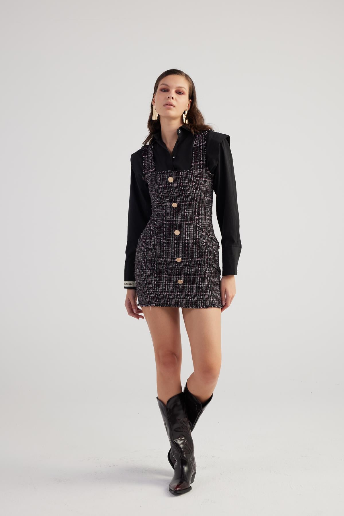 Metal Düğme Detaylı Mini Tweed Elbise Siyah