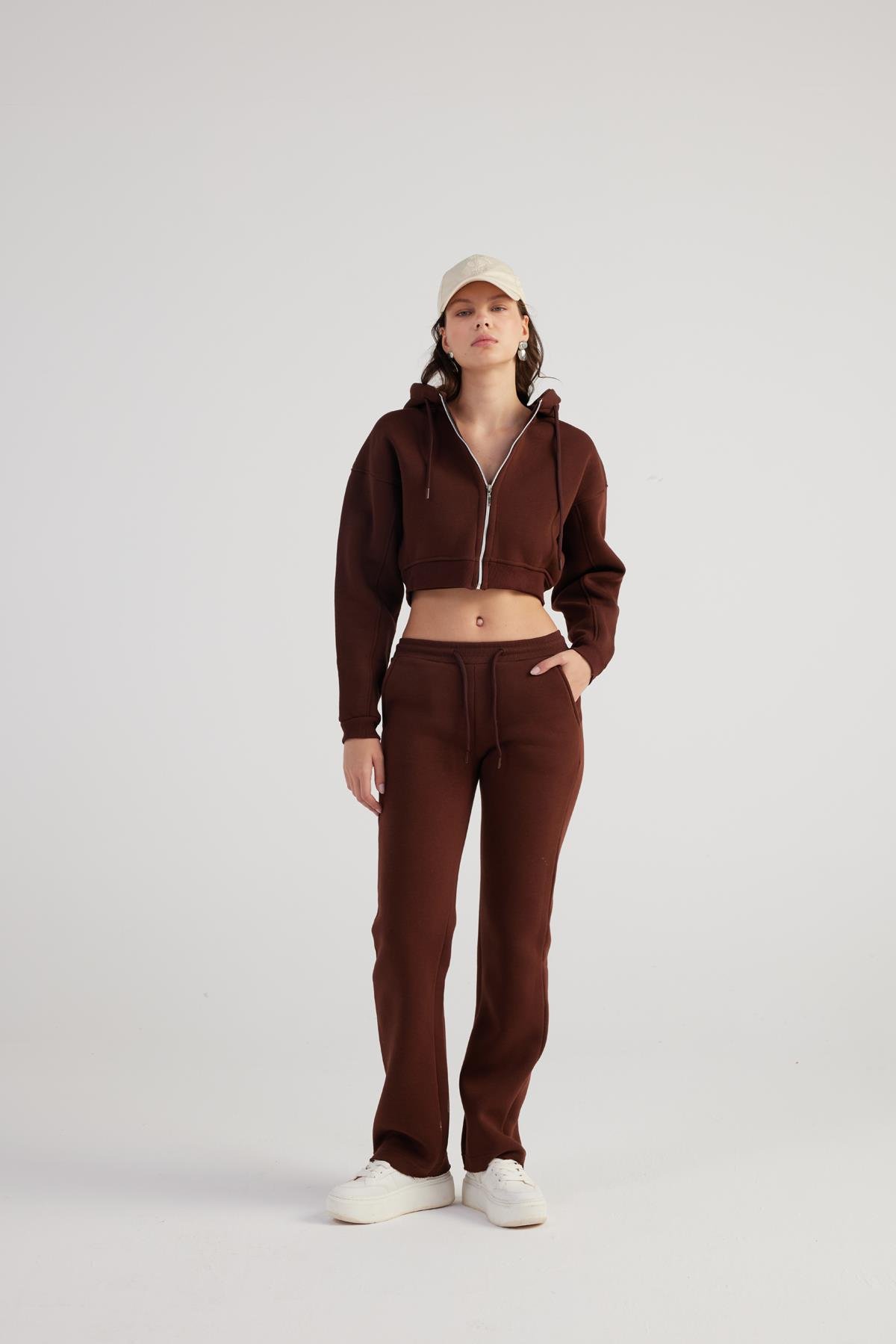 Kadın Kahverengi Kapüşonlu Uzun Kol Fermuarlı Crop Mixed Sweat