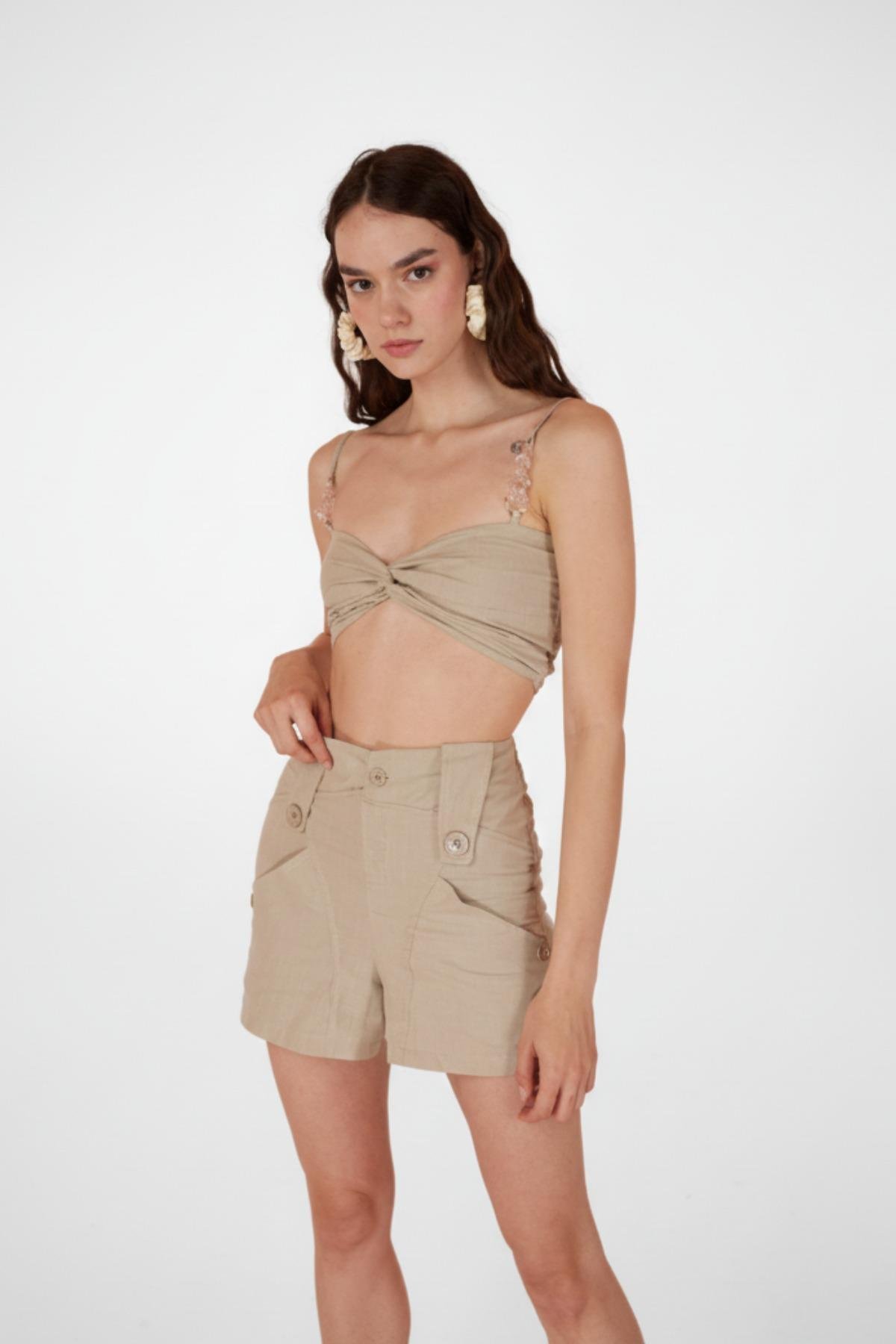 Koton Kumaş Astarlı Mini Rise Şort Bej