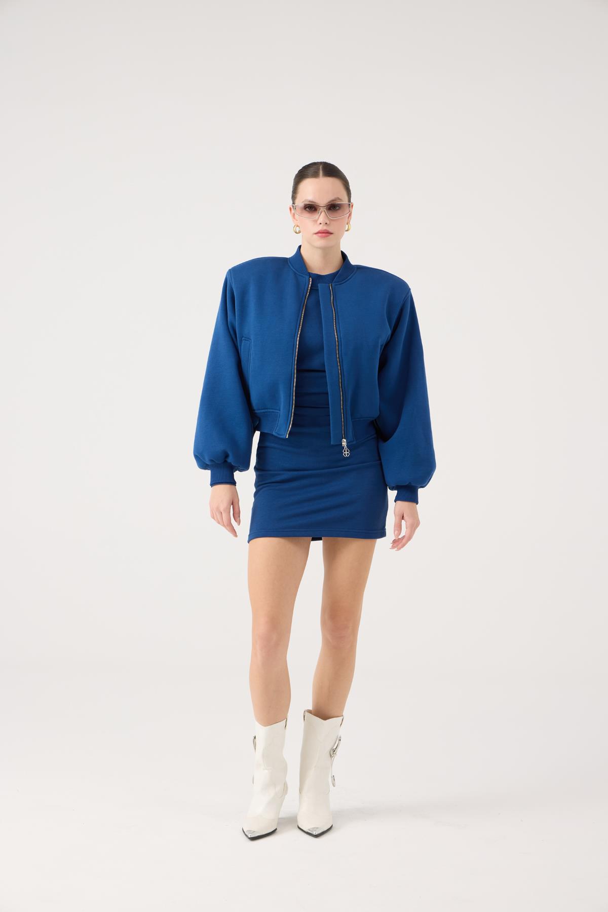 Crop Kesim Vatkalı Parker Bomber Ceket Mavi