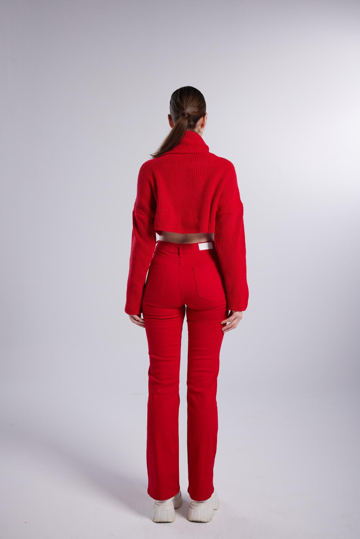 Yüksek Bel Slim Flare Likralı Alert Jean Pantolon Kırmızı