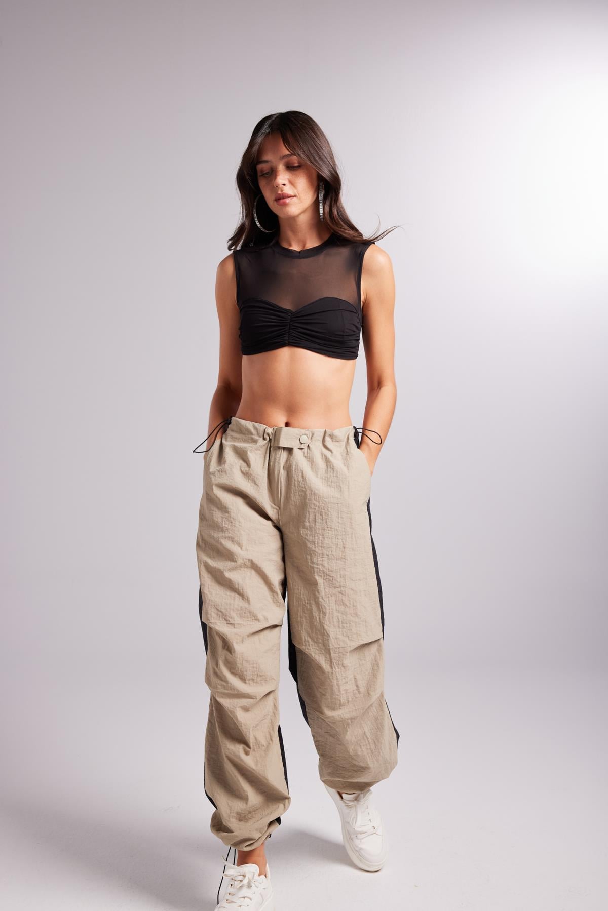 Bicolor Parachute Trousers Beige