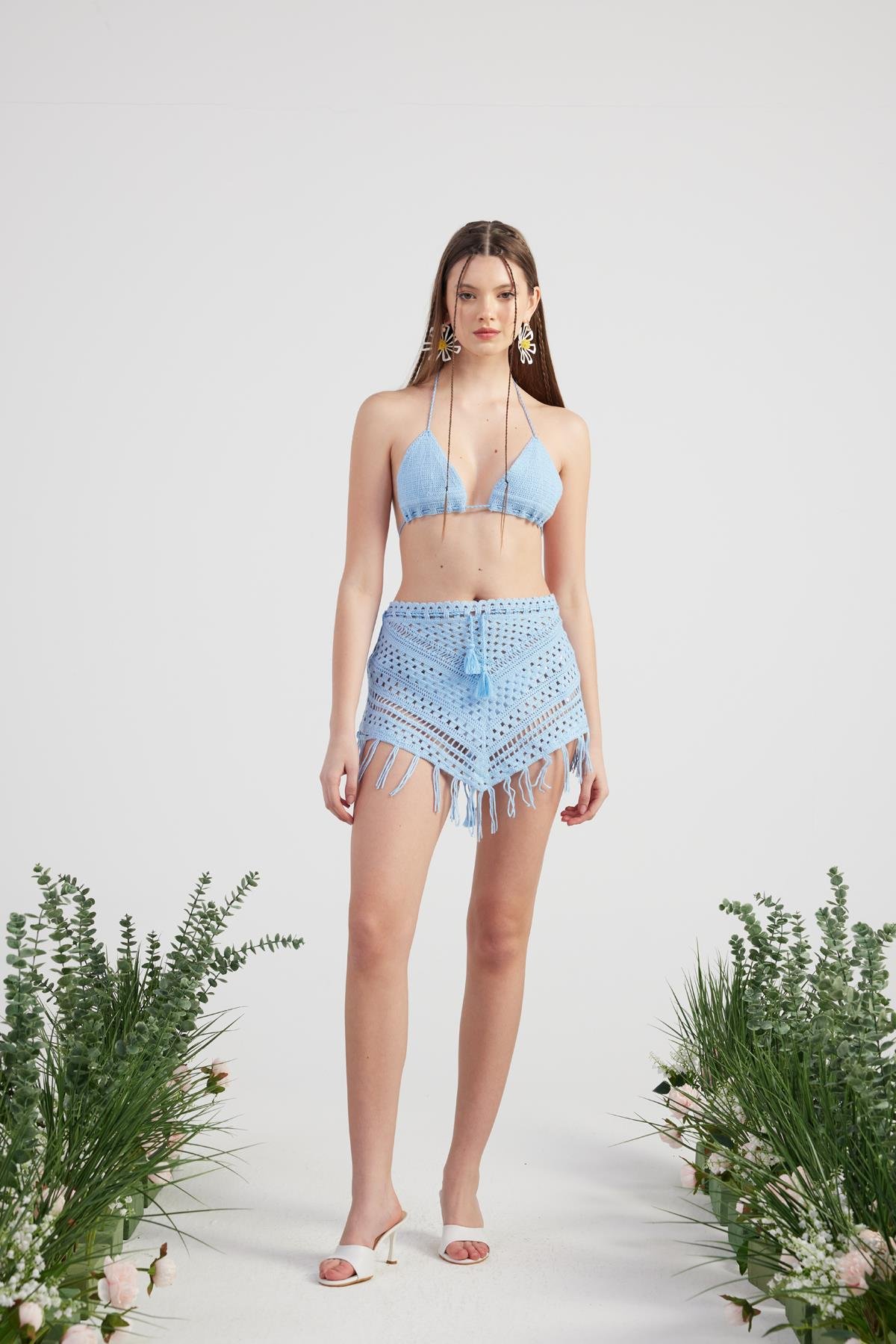 Desenli Bağlamalı Yazlık Alt Üst Chacha Triko Takım Mavi