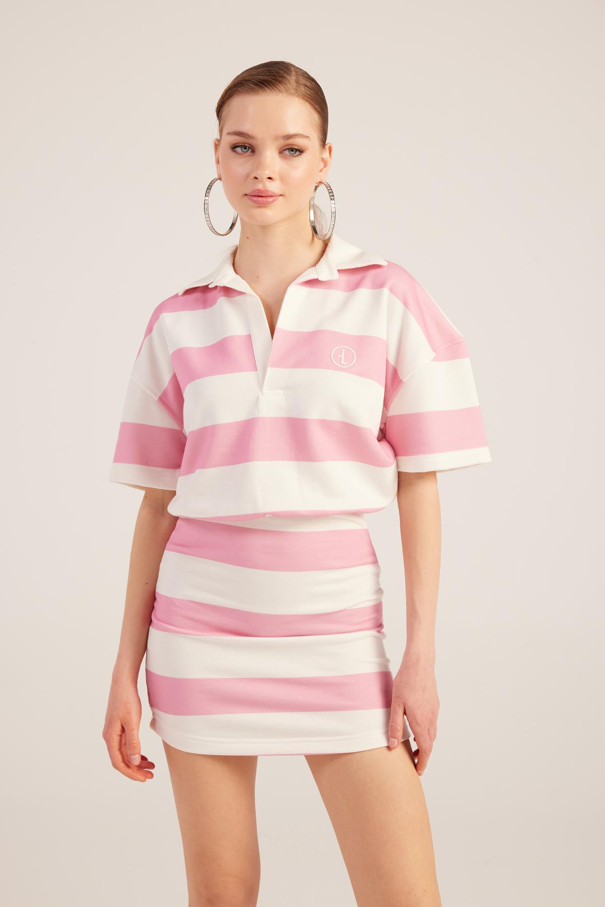 Polo Yaka Çizgili Mini Pamela Elbise Pembe