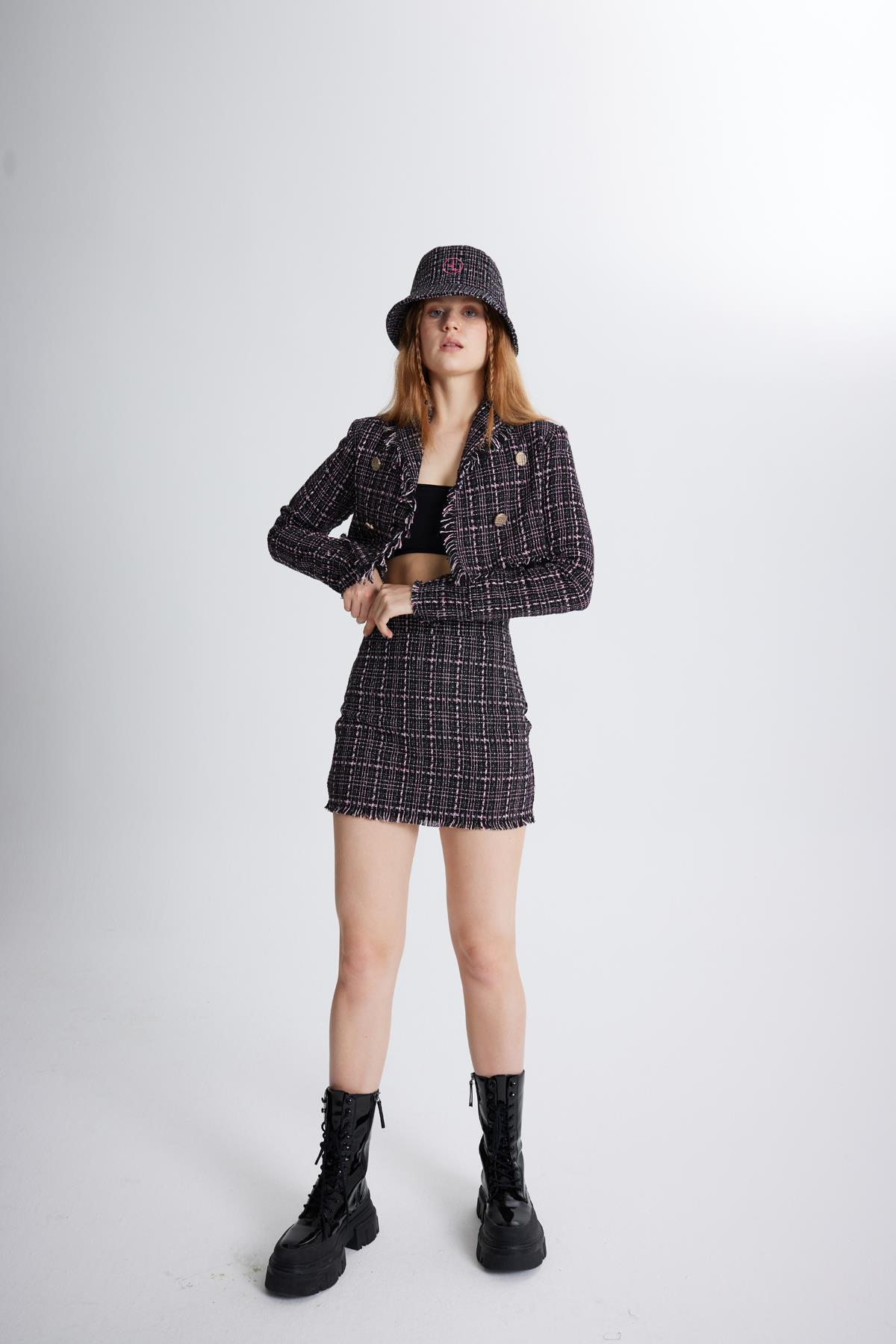 Tüvit Kumaş Mini Tweed Etek Siyah