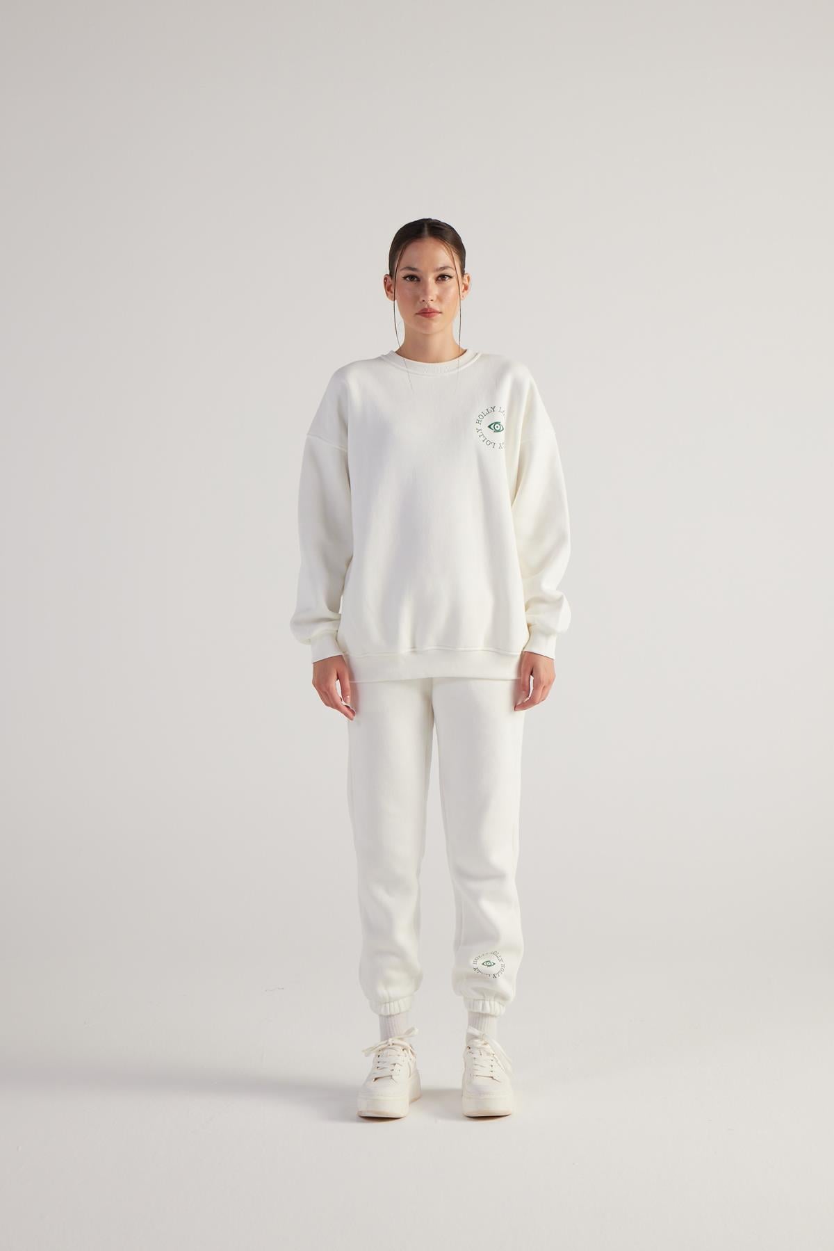 3 İplik Şardonlu Lastikli Paça Fine Eşofman Altı Ekru