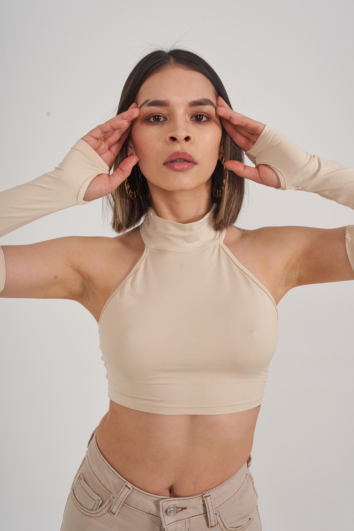 Crop Model Kol Detaylı Pretty Bluz Bej