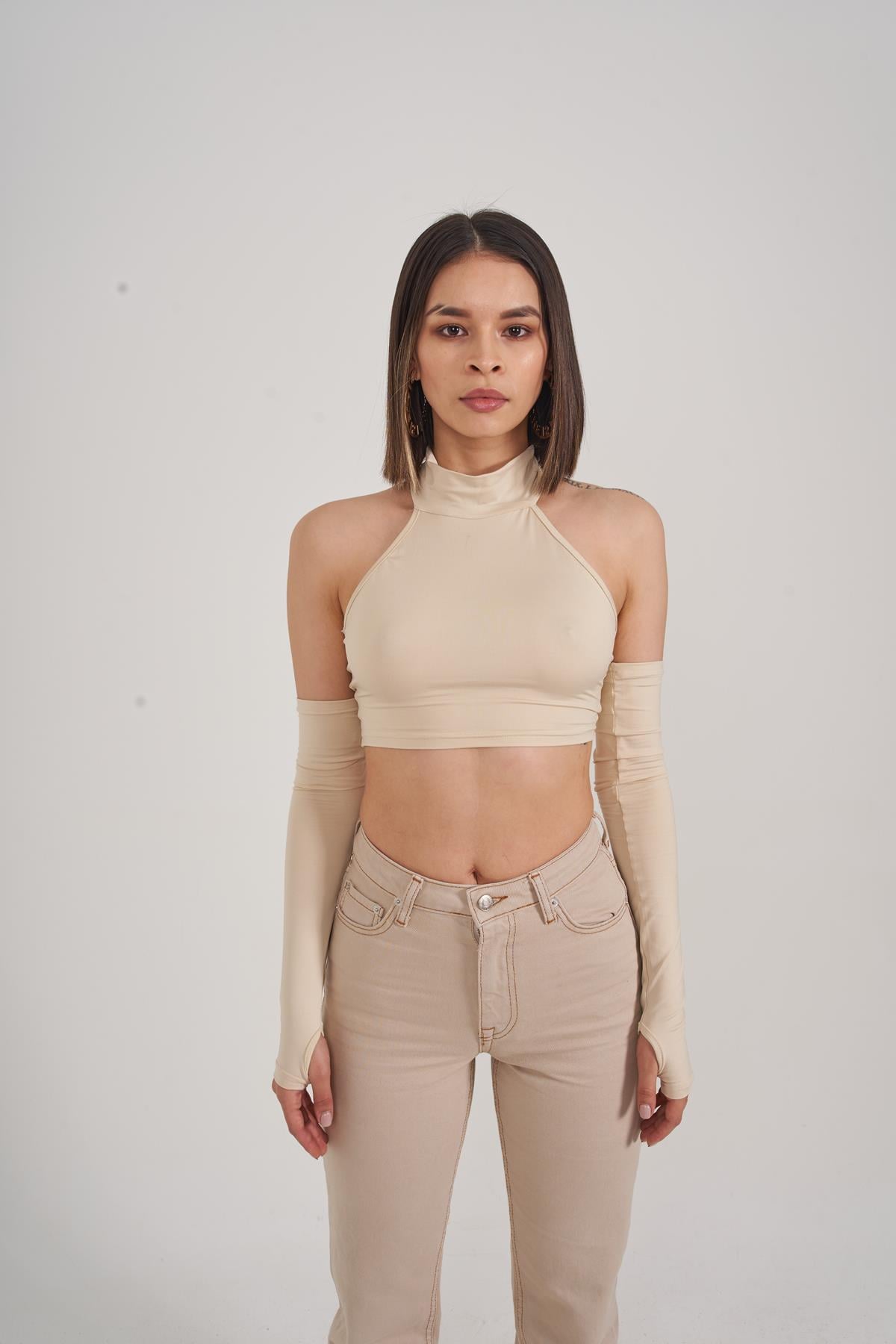 Crop Model Kol Detaylı Pretty Bluz Bej