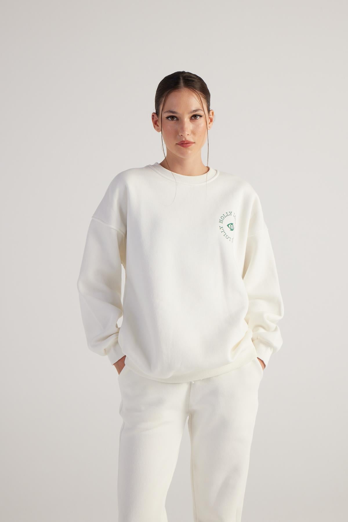 3 İplik Şardonlu Uzun Kol Bisiklet Yaka Fine Sweatshirt Ekru