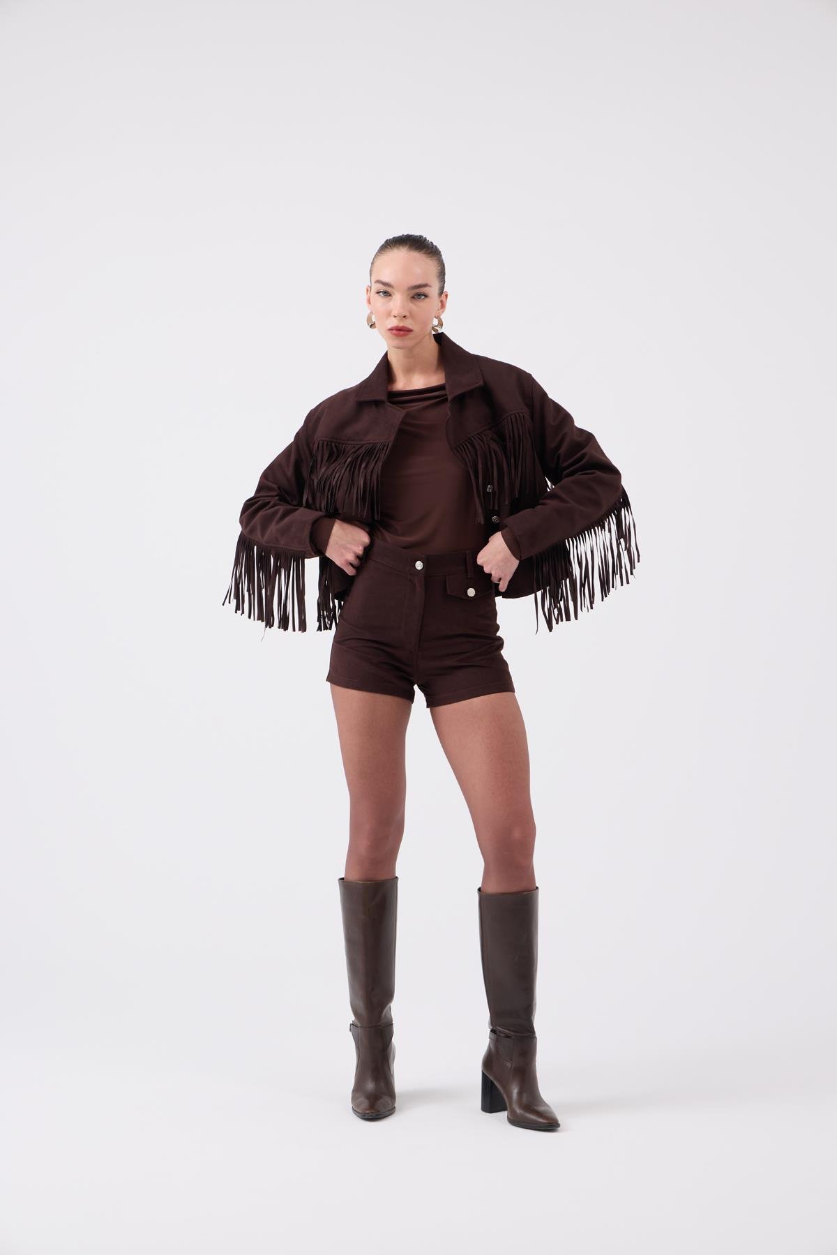 Yüksek Bel Mini Valeri Süet Şort Kahve