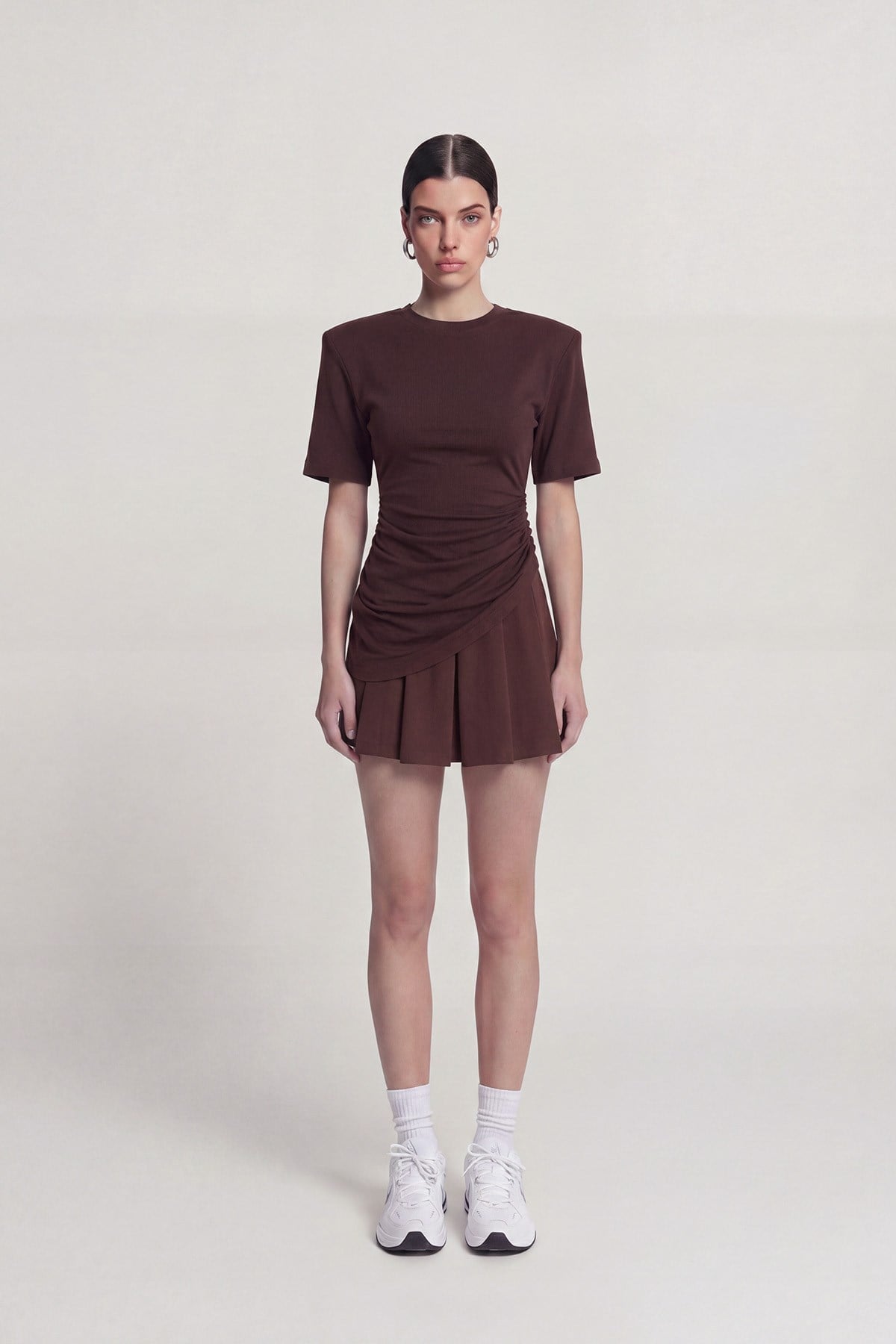 Demie T-Shirt with Gathered Detail and Padded Shoulders, Coffee