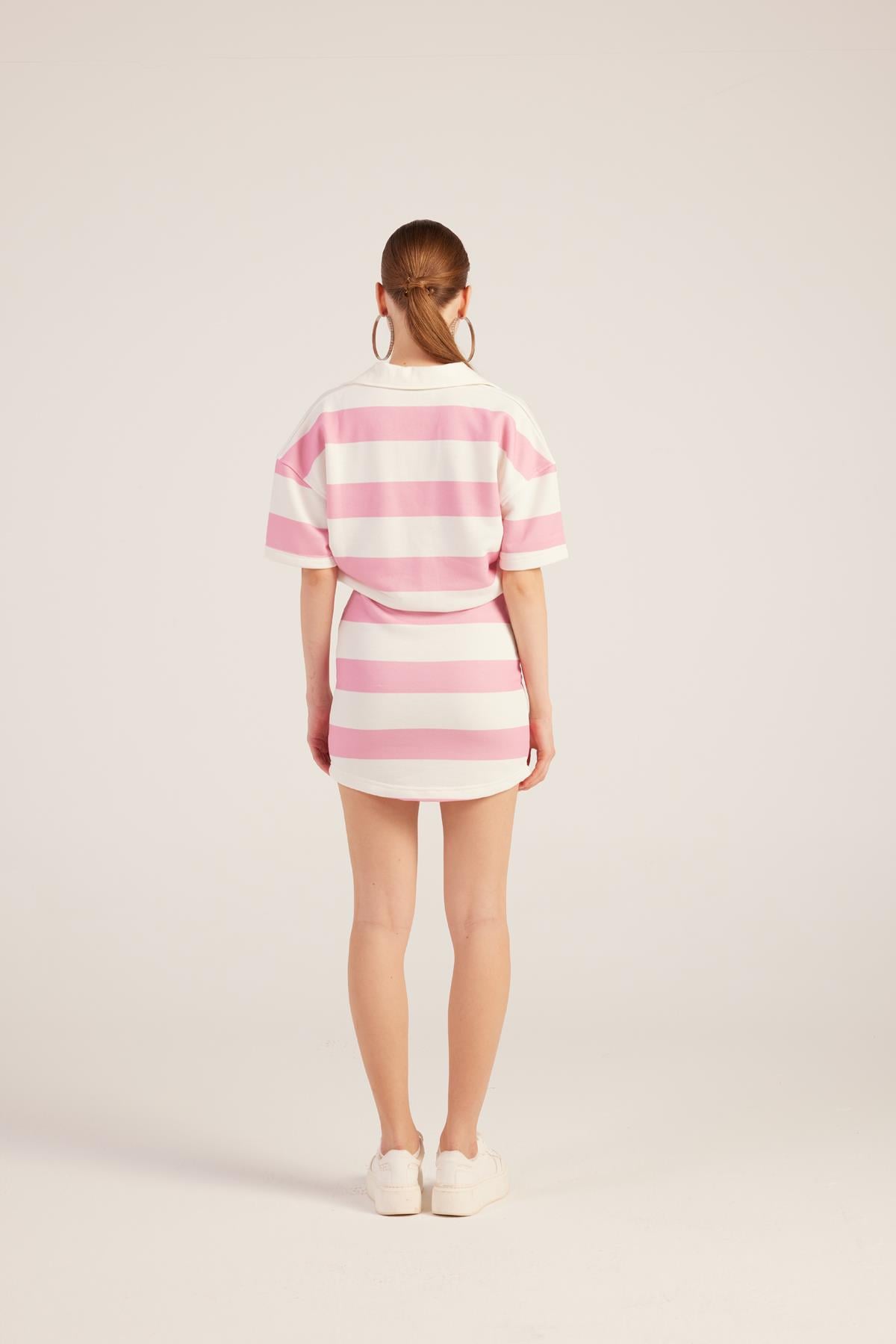 Polo Yaka Çizgili Mini Pamela Elbise Pembe