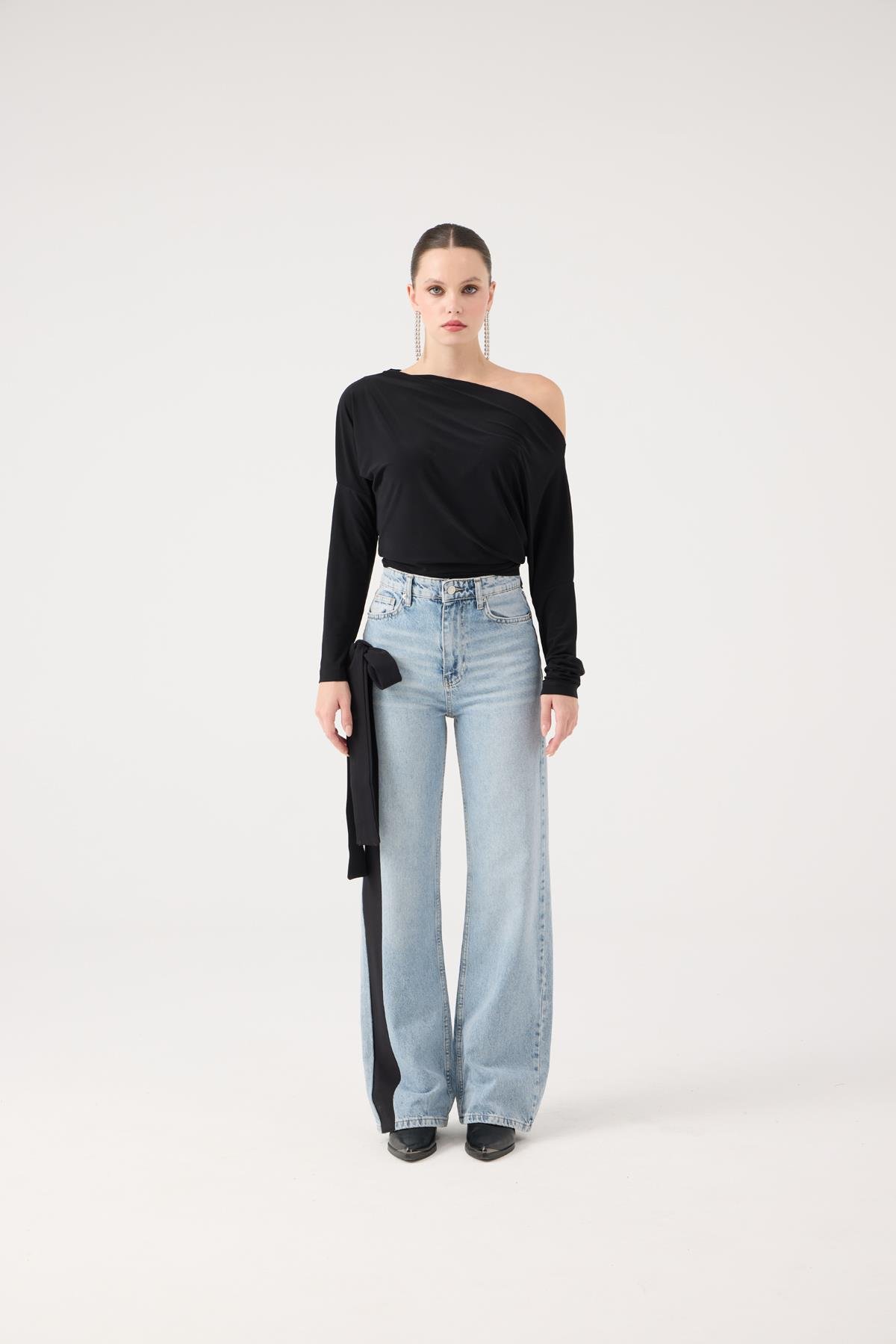 Yüksek Bel Kurdele Detaylı Wide Leg Kyla Jean Pantolon Siyah