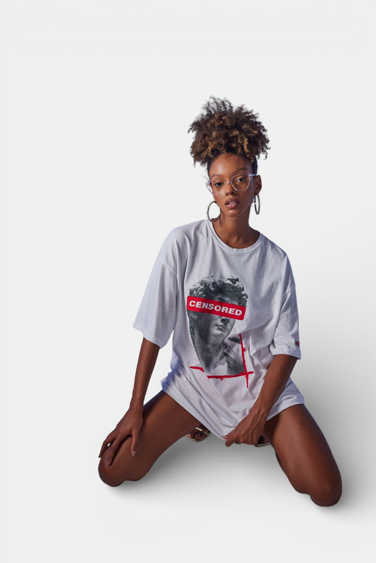 Oversize Baskılı Censored T-Shirt Beyaz