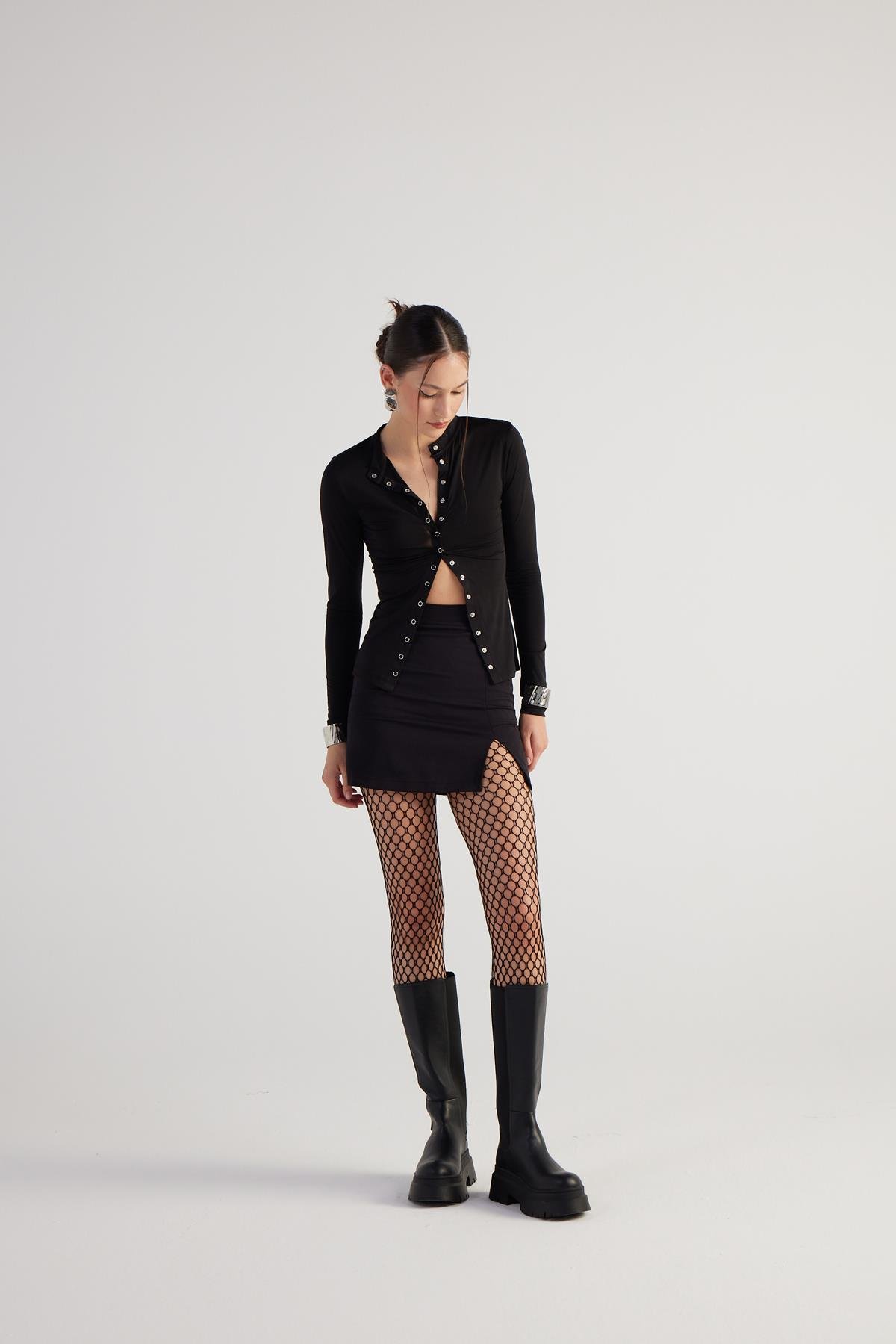 Yırtmaçlı Mini Panky Etek Siyah