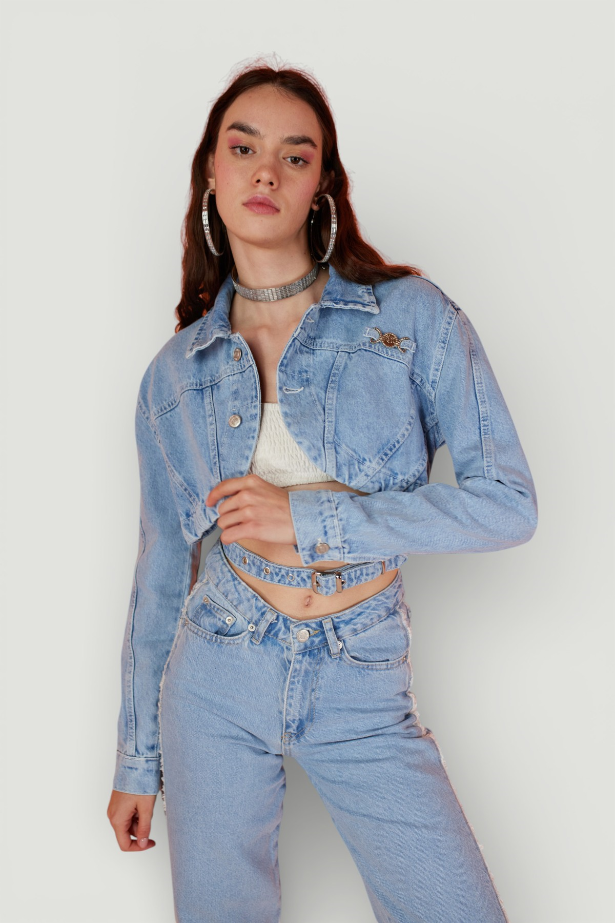 Crop Model Düğme Kapamalı Biana Jean Ceket Mavi