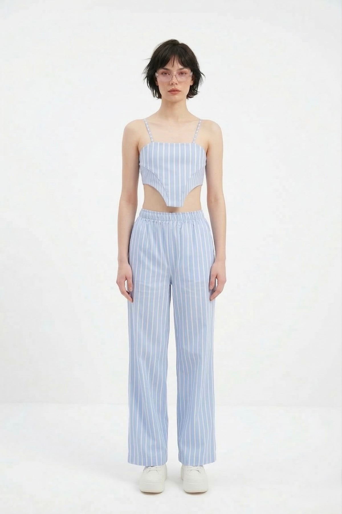 Beli Lastikli Çizgili Harmony Poplin Pantolon Mavi