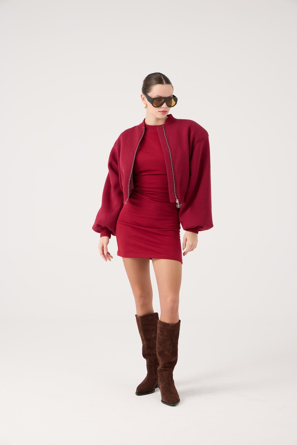 Crop Kesim Vatkalı Parker Bomber Ceket Bordo