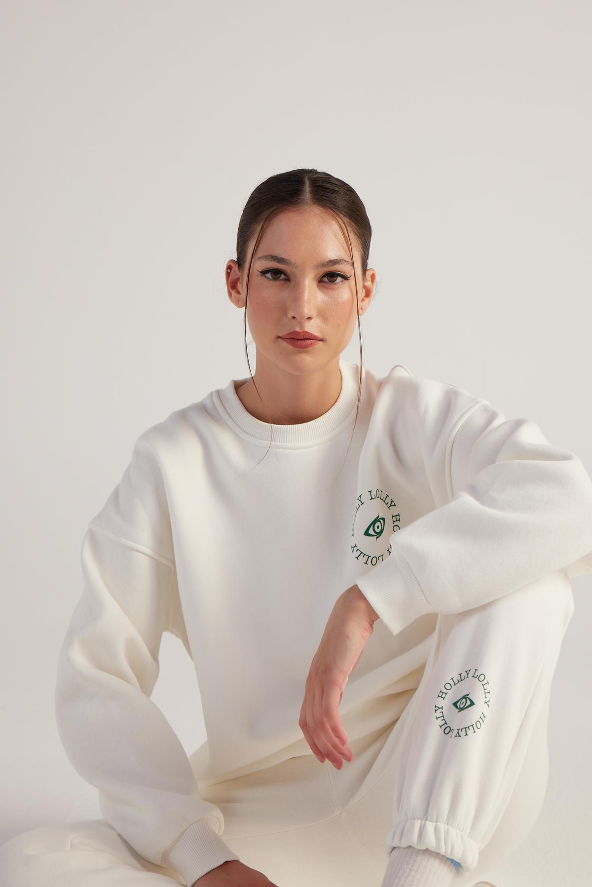3 İplik Şardonlu Uzun Kol Bisiklet Yaka Fine Sweatshirt Ekru