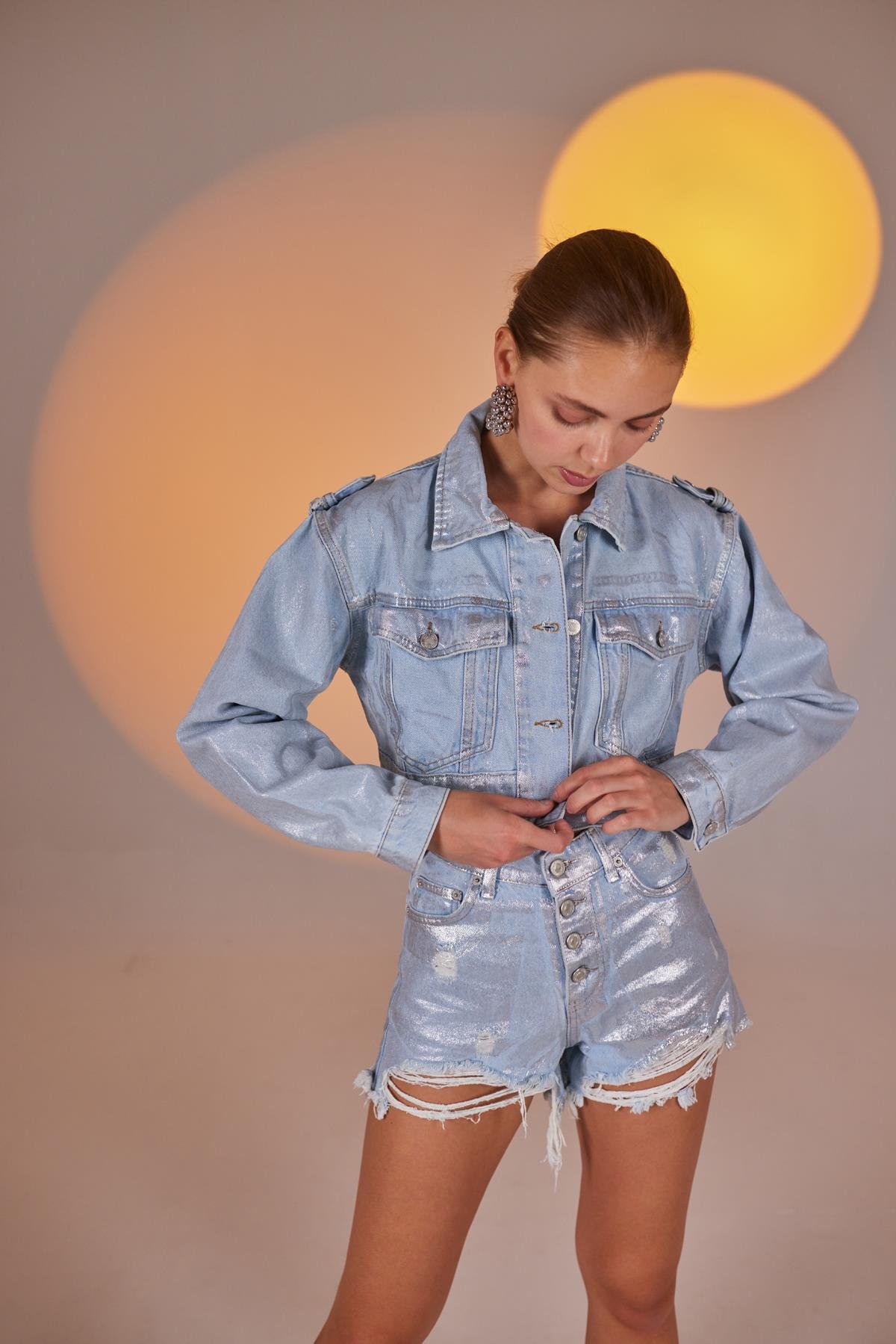 Özel Yapım Parlak Kaplamalı Glossy Jean Ceket Mavi