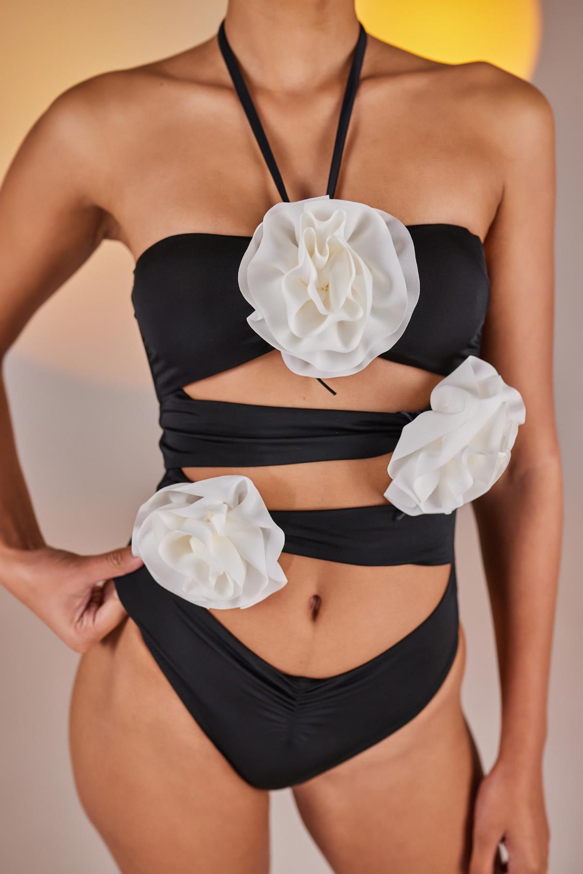 Çıkarılabilir Çiçek Detaylı Cutout Kesim Premium Swagger Mayo Siyah