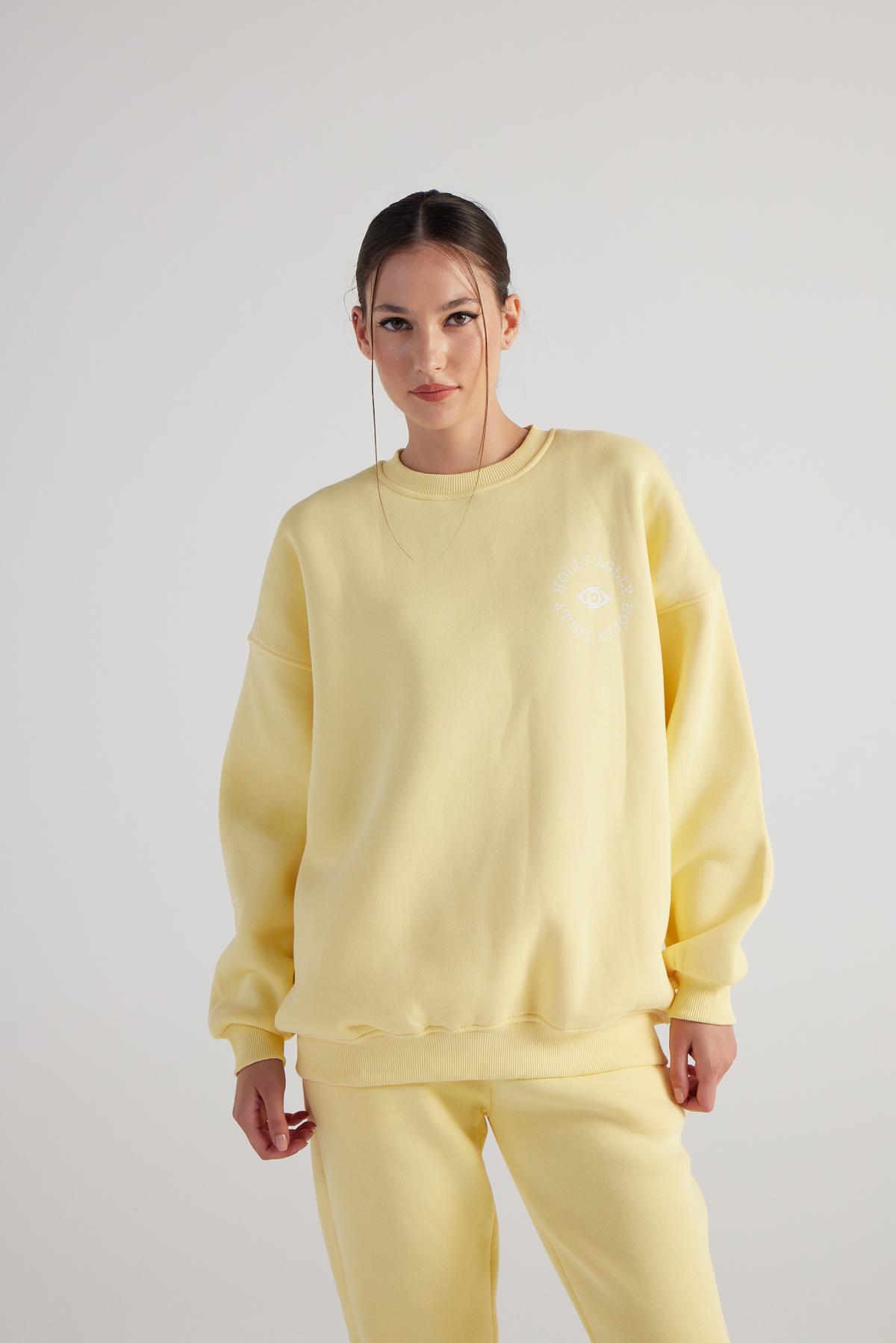 3 İplik Şardonlu Uzun Kol Bisiklet Yaka Fine Sweatshirt Sarı