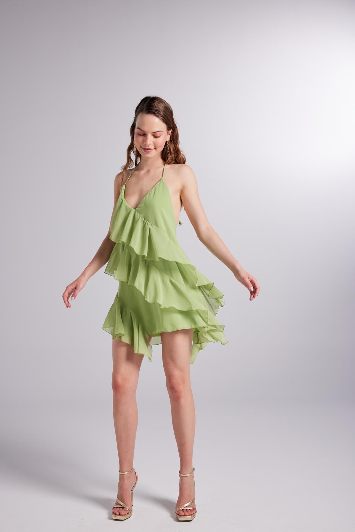 Fırfır Detaylı Bel Dekolteli Şifon Capri Elbise Yeşil