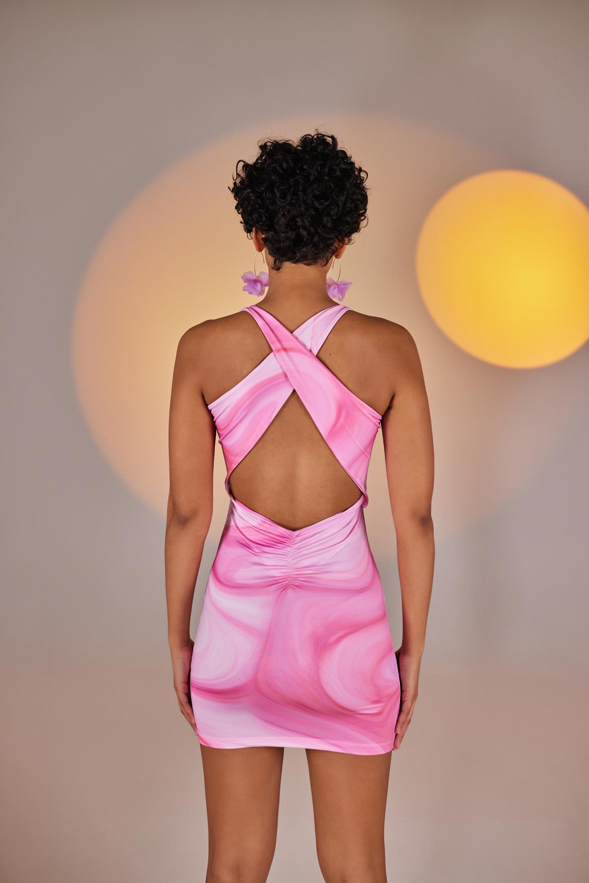 Mini Dekolteli Jorie Elbise Pembe